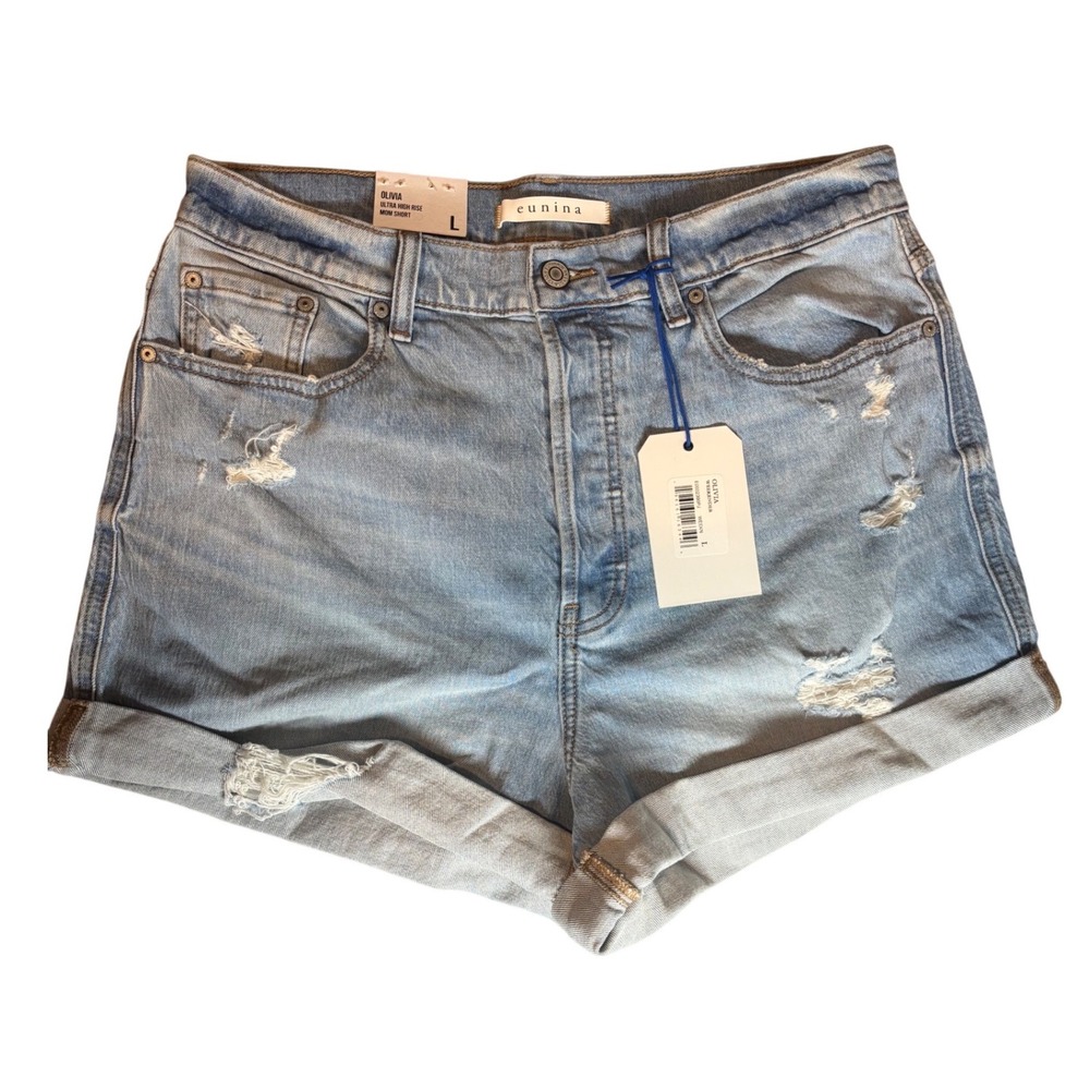 Eunina Olivia Mom Shorts Womens Large Light Wash Distressed Ultra High‎ Rise New